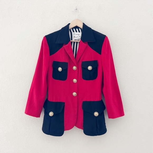 Moschino Vintage Blazer Cheap Chic Wool 80s Military Italy Designer Red Black 10 - Picture 1 of 12